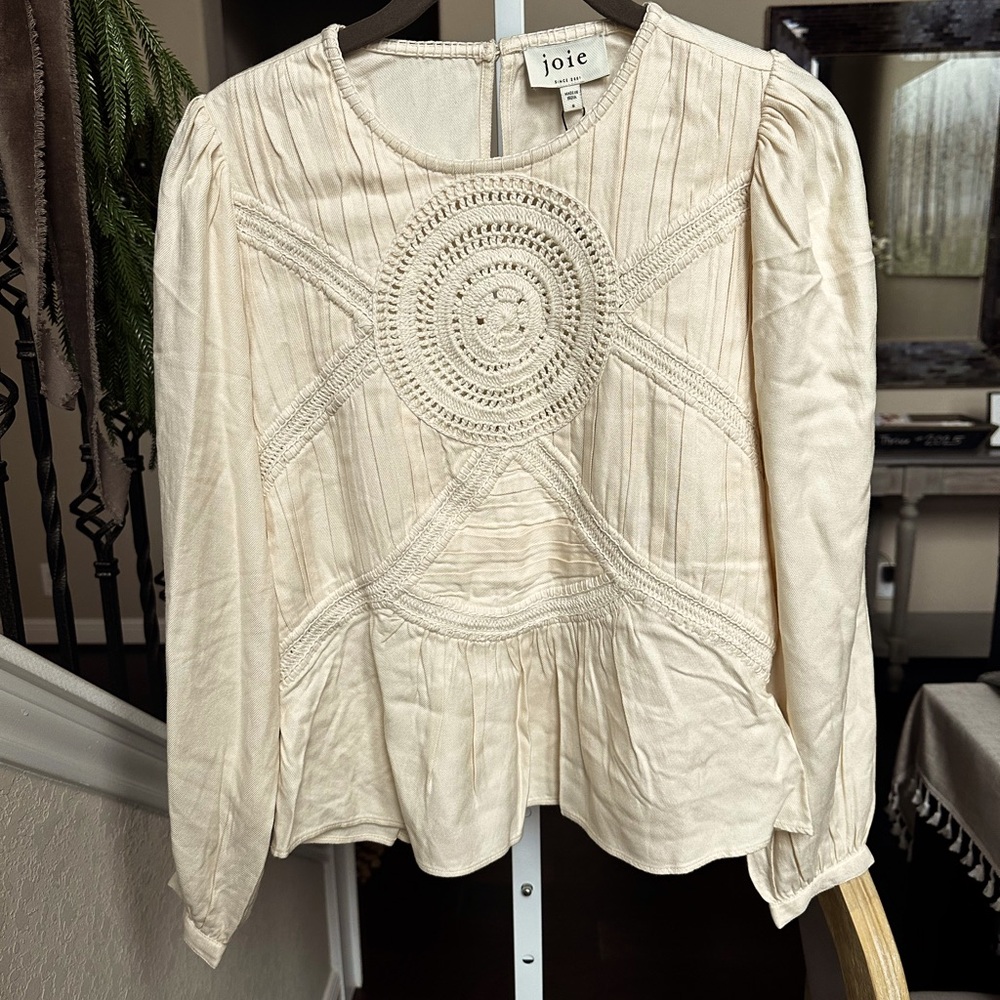 Joie Cream Crochet-Front Peasant Blouse Size Small